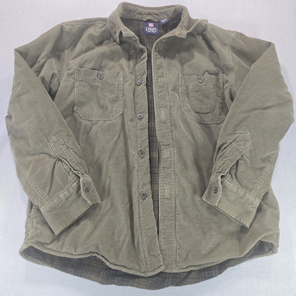 Chaps Shirt Jacket Mens L Olive Green Corduroy Plaid Fleece Lined Heavyweight